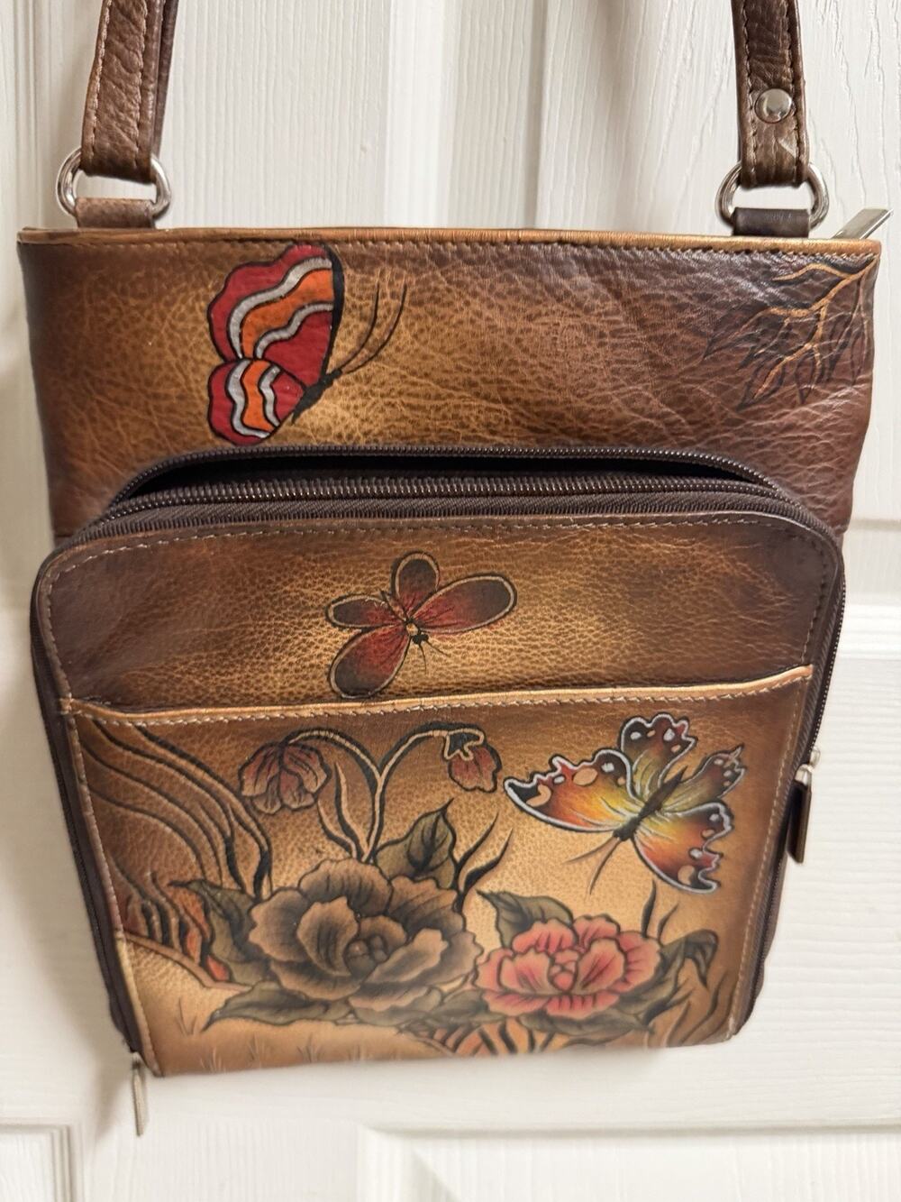 2 Lot Handpainted Leather Floral Butterfly Brown Purse Crossbody Animal Biacci